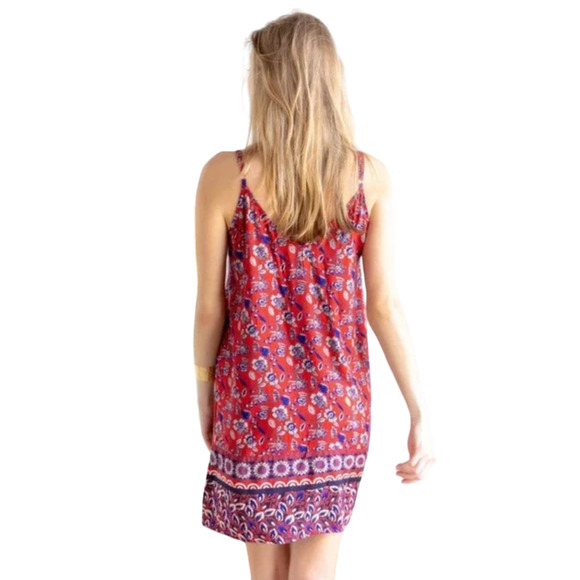NWT Francesca's Mi ami Burnt Red & Blue Floral Print Rayon Shift Dress - SIZE S - Picture 3 of 10